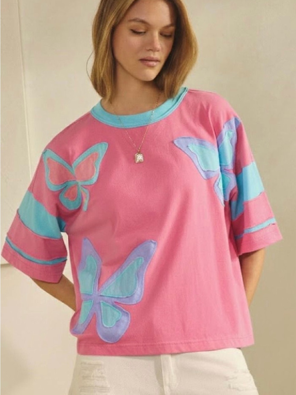 Oddi Pink Butterfly Patchwork Tee — NWT